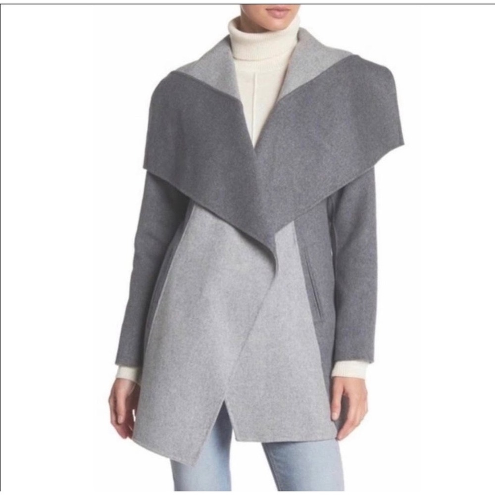 Diane von Furstenberg DVF Grey Colorblock Wool Wrap Coat Draped Shawl Collar